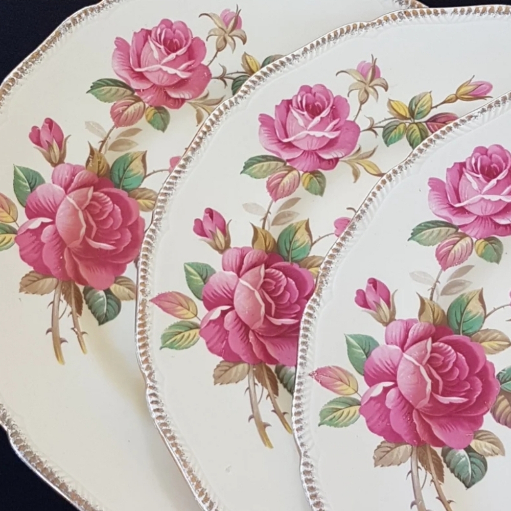 Vintage Royal Swan Dinner Plates: Pink Rose Floral, 22KT Gold, Set of 5